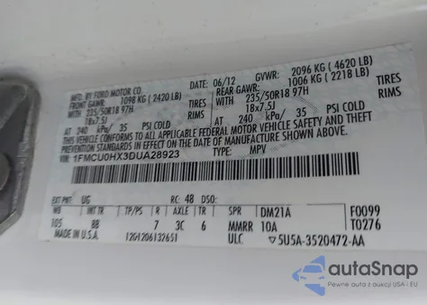 2013 Ford Escape Sel from USA, damaged, VIN 1FMCU0HX3DUA28923